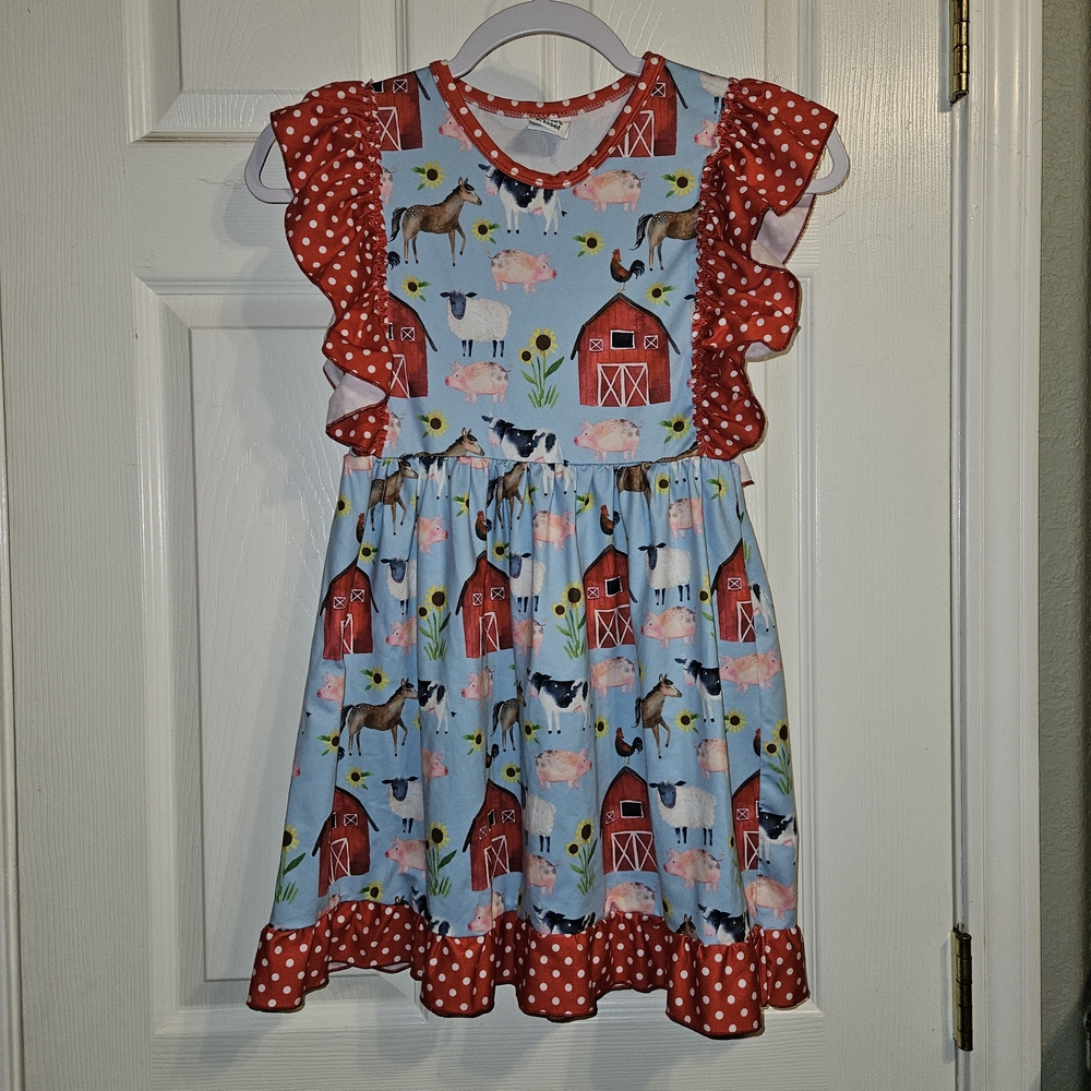 Adorable Farmyard Print Kids Dress with Red Polka Dots Girls Szie 7-8